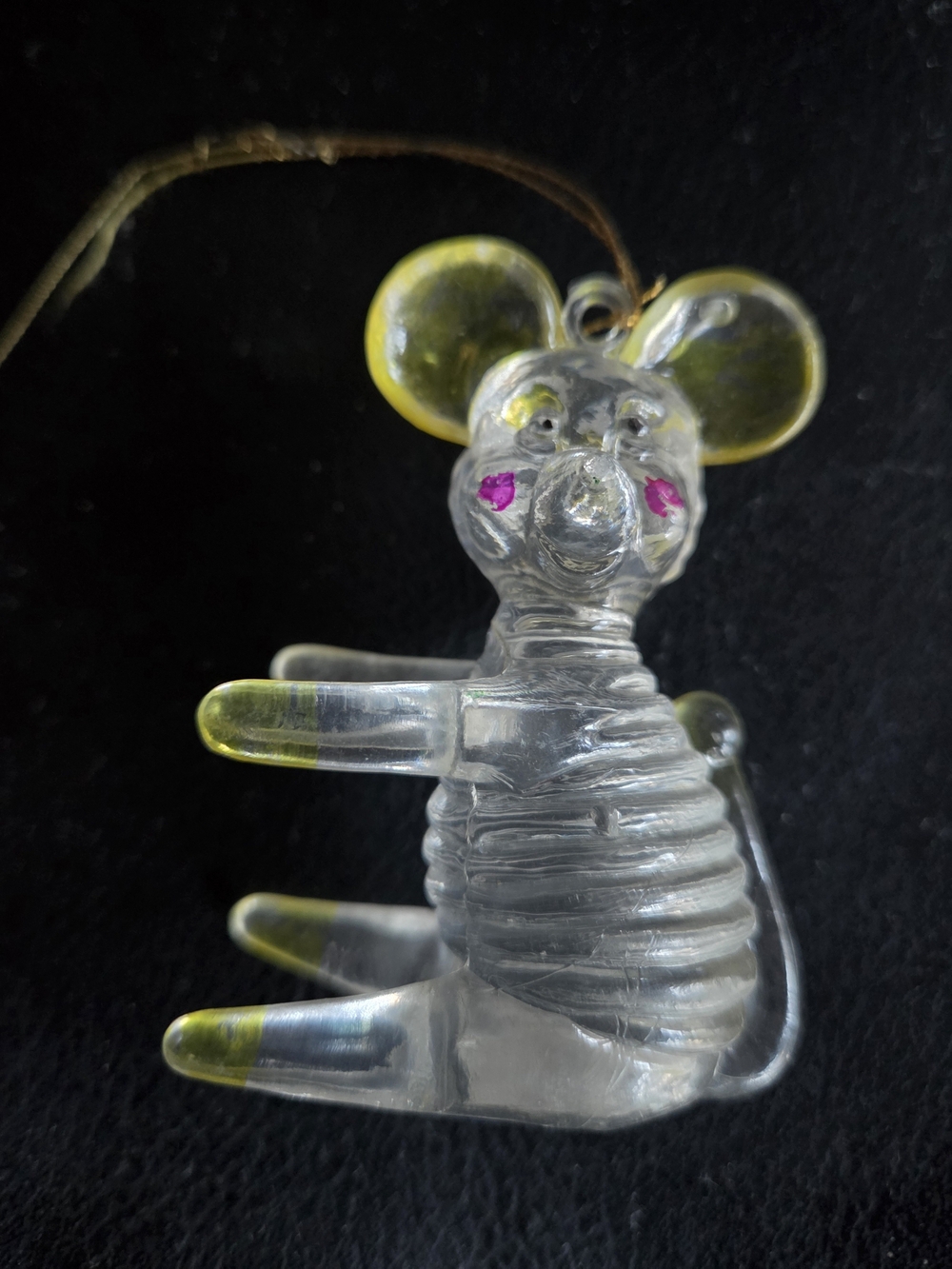 VTG 1976 LUCITE XMAS ORNAMENT MOUSE, clear w yellow accents CRYSTALITE PET 3 in